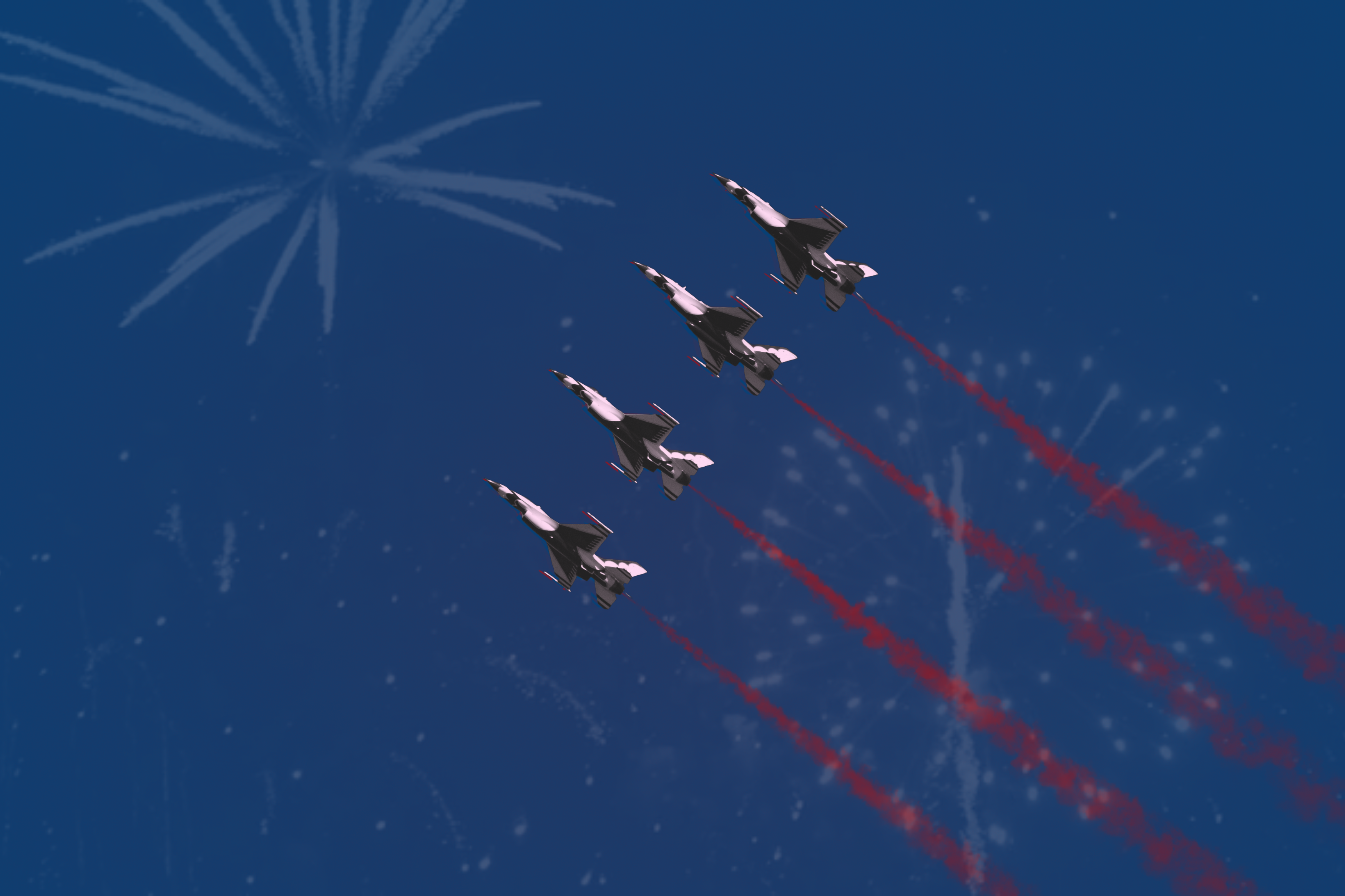 Fighter jets flying in formation with a trail of red, white, and blue